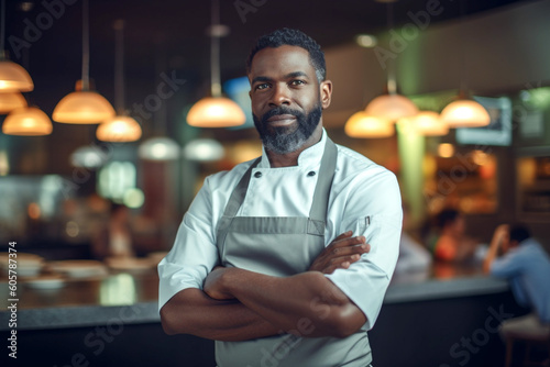 Portrait of adult african american chef in grey apron standing at restaurant kitchen with crossed arms and lookingat camera. Close-up. Generative Ai content photo