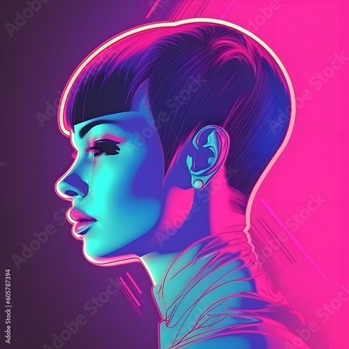 Futuristic cyberpunk androgynous woman with short shaved pixie undercut retro futurism style poster illustration. 