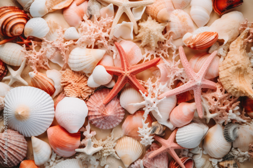 Christmas in July / at the beach / in the southern hemisphere conceptual banner, background or header / hero image with holiday ornament made of shells, starfish and corals Christmas in July / at the beach / in the southern hemisphere conceptual banner, background or header / hero image with holiday ornament made of shells, starfish and corals