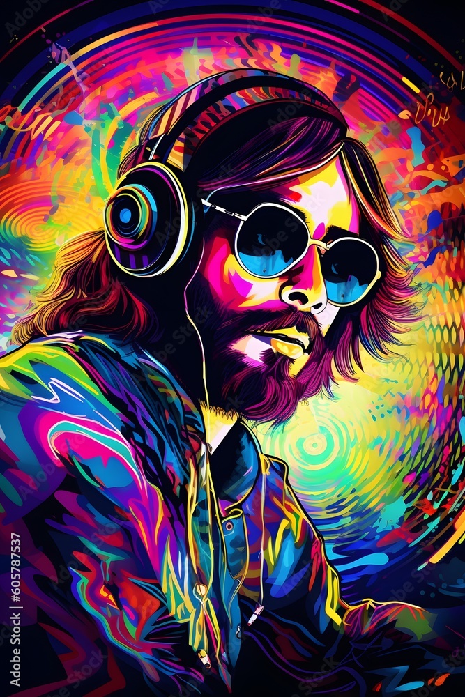 Abstract surrealistic psychedelic male dj in sunglasses fantasy color paint poster illustration. 