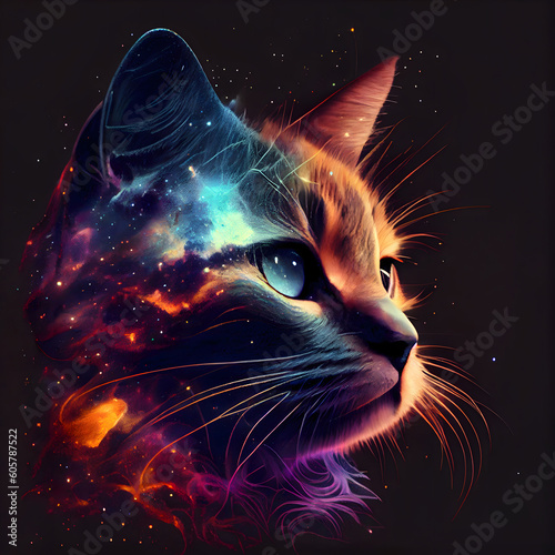 Cat at illuminated night galaxy with abstract astronomy star universe illustration for poster wallpaper. Generative Ai