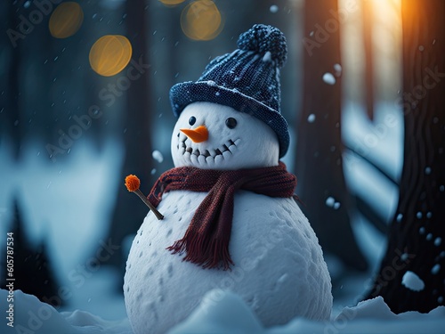 Snowman with scarf beannie and a carrot nose. ai generative photo