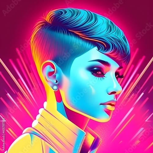 Cyberpunk futuristic woman with short shaved pixie undercut disco neon bright color 80s poster illustration. photo