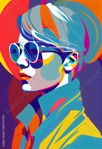 Abstract fashion modern woman portrait sunglasses neo pop surreal watercolor paint poster illustration.