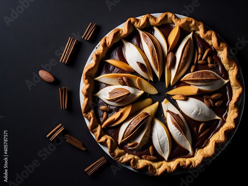 Top view on a pear pie with nuts and cinnam on black background. ai generative photo