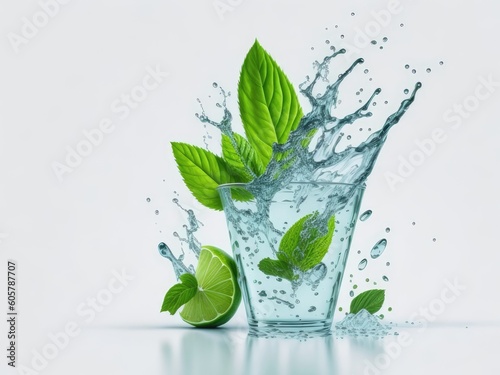 Water splash on white background with lime and mint. ai generative