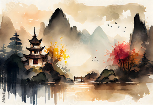 Asian landscape traditional house with pond and bridge watercolor art painting background illustration. Generative Ai