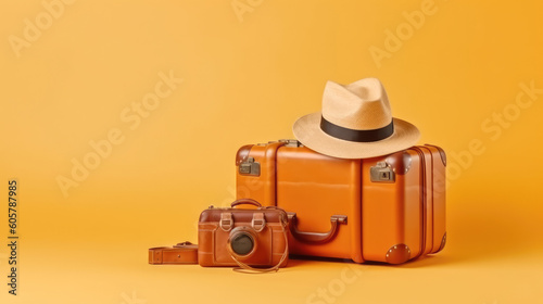 concepto de viaje y vacaciones, maletas y enseres personales, sobre fondo amarillo. ilustracion de ia generativa photo