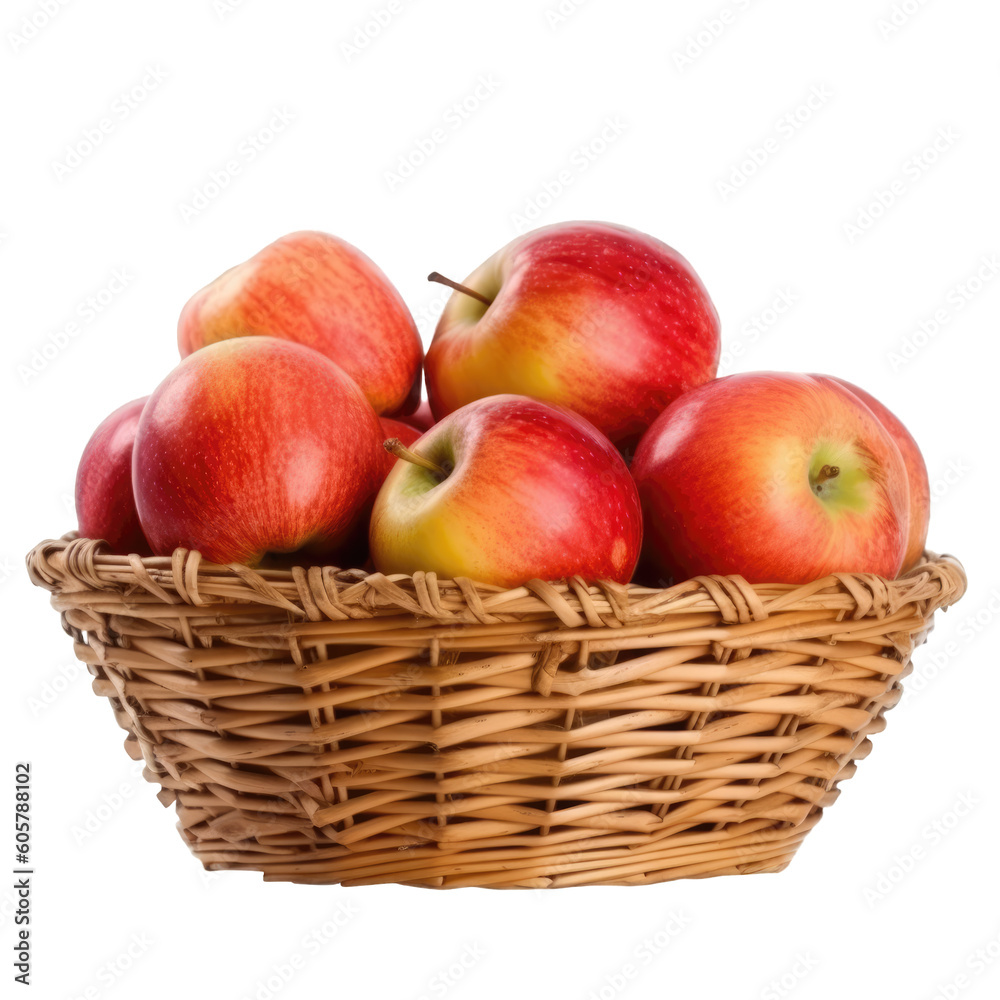 Illustration of wicker basket full of fresh ripe red apples isolated on transparent background. PNG clip art element. Generated with AI. Illustration of wicker basket full of fresh ripe red apples isolated on transparent background. PNG clip art element. Generated with AI.