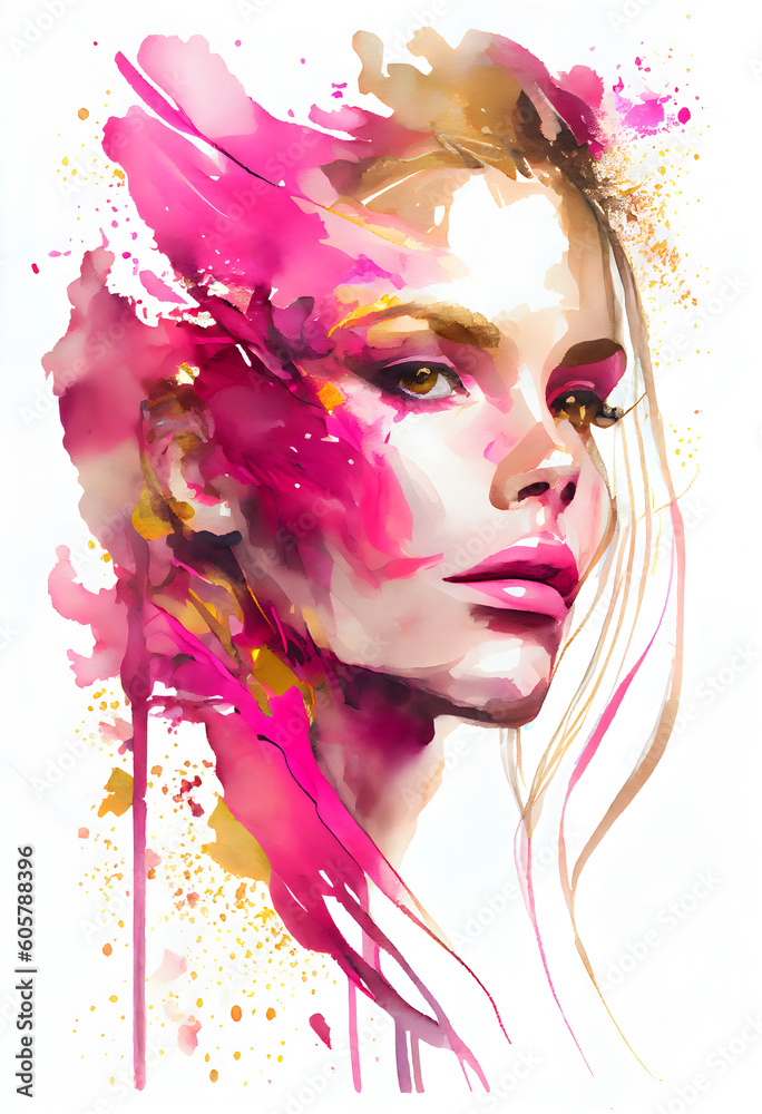 Elegant fairy woman face watercolor fashion illustration with pink golden splash for poster flyer. Generative Ai
