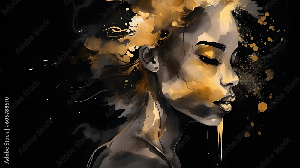 Stylish modern African woman portrait watercolor golden splash hairstyle black banner illustration for hairstylist. Generative Ai