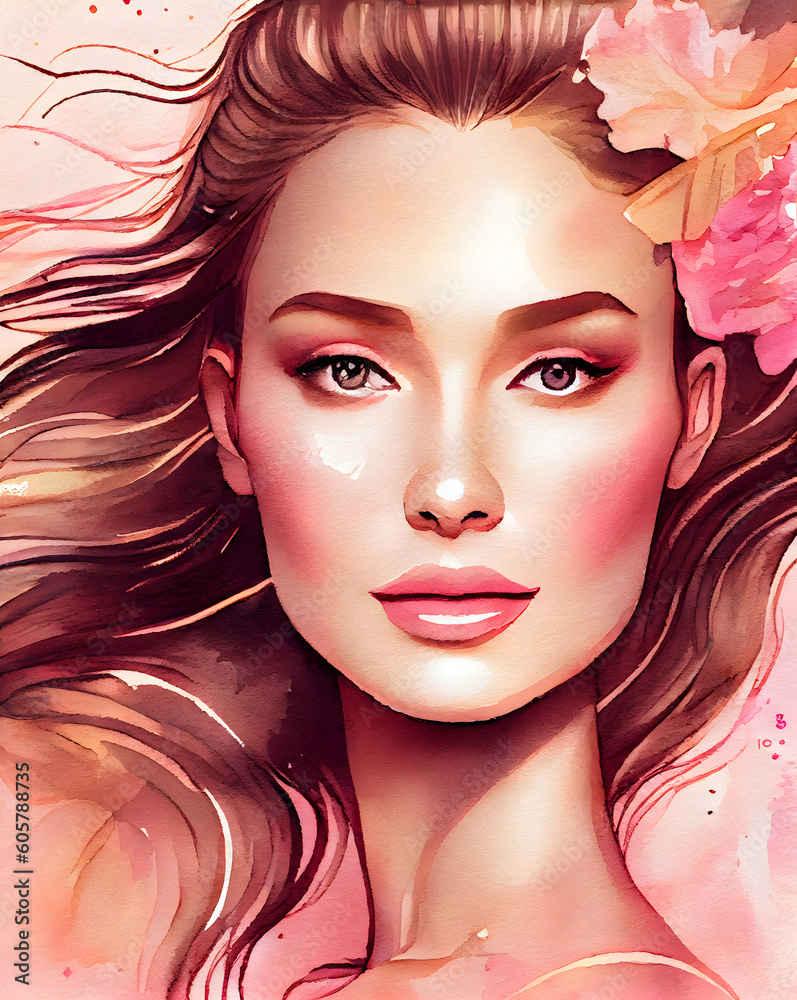 Beautiful woman face fresh skin and soft pink color flowers watercolor art painting illustration for poster. Generative Ai