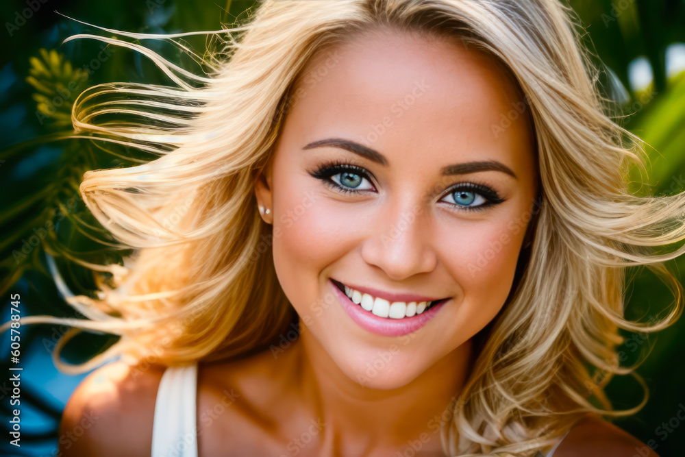 Digital portrait of a beautiful smiling blonde girl on the luxury yacht. Concept of active life. Generative AI Digital portrait of a beautiful smiling blonde girl on the luxury yacht. Concept of active life. Generative AI