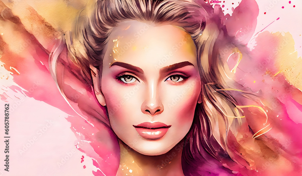 Beautiful woman face fresh skin and soft pink color flowers watercolor art painting illustration for poster. Generative Ai