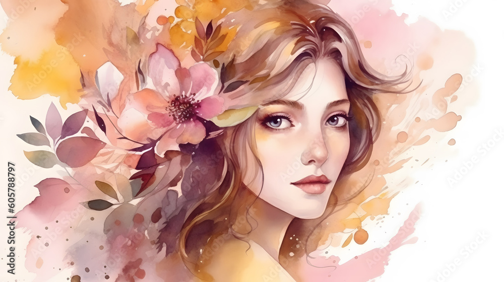 Romantic Asian beauty woman portrait with blossom pink flowers and leaves watercolor paint illustration. Generative Ai