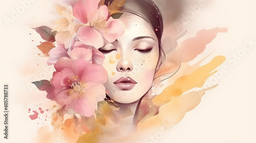 Elegant beauty female face closed eyes blossom soft pink flower watercolor painting art illustration. Generative Ai