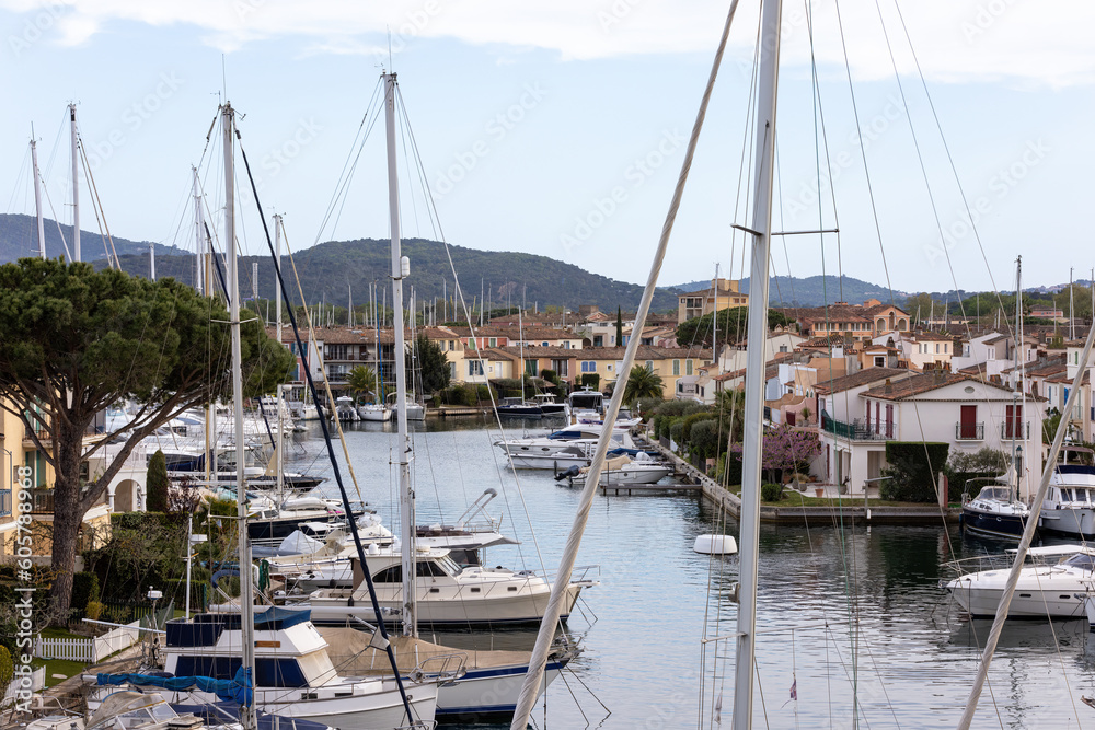 Port Grimaud marina in France in spring with yachts and sailing boats