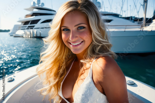 Digital portrait of a  beautiful smiling blonde girl on the luxury yacht. Concept of active life. Generative AI © mikhailberkut