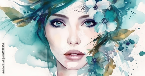 Fototapeta Naklejka Na Ścianę i Meble -  Cute young female beautiful face with blue blossom flowers green watercolor splash art illustration for banner. Generative Ai