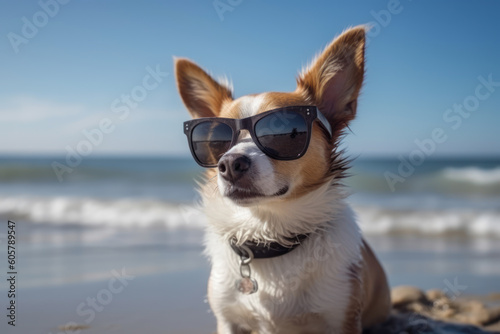 Cute dog wearing specular sunglasses, having relax and enjoying on the beach ocean on summer vacation holidays