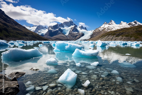 Glaciers melt with the onset of heat. Beautiful cold northern landscape. Generative AL