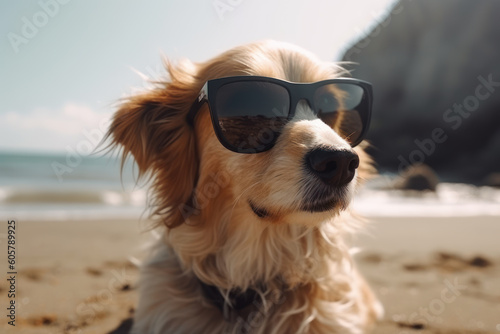 Cute dog wearing specular sunglasses, having relax and enjoying on the beach ocean on summer vacation holidays © Kateryna