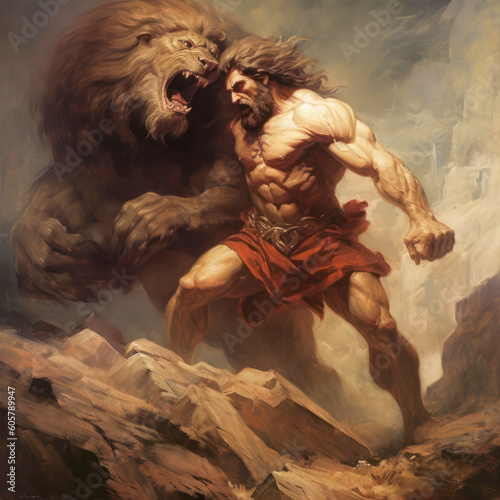 Samson vs Lion. Ai generated illustration.