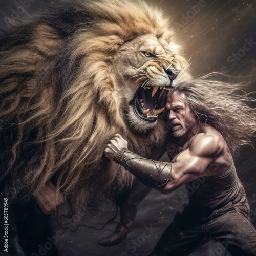 Samson vs Lion. Ai generated illustration.