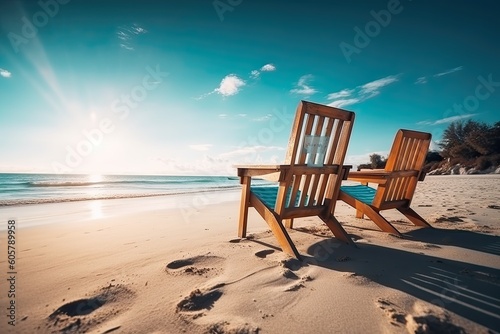 Chairs on the sandy beach - Bench - Generative AI © Shosho