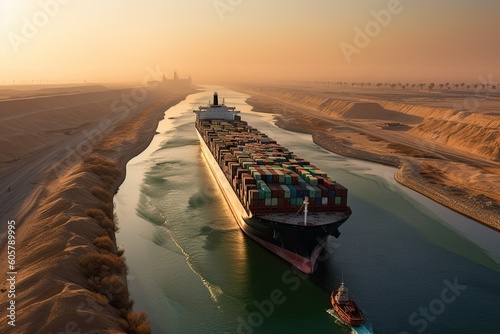 Container ship in the  SUEZ CANAL -  supply chain, world trade  - Generative AI photo