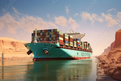 Container ship in the  SUEZ CANAL -  supply chain, world trade  - Generative AI