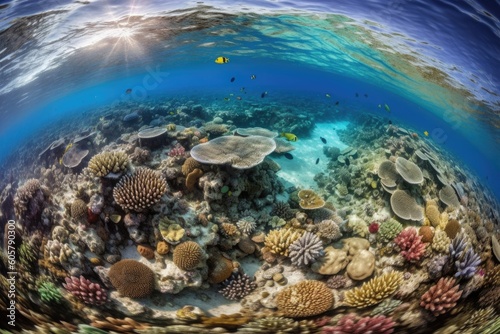 World Environment Day. A colorful coral reef teeming with diverse marine life, the beauty of underwater ecosystems, clear water and ample natural lighting. AI Generative.