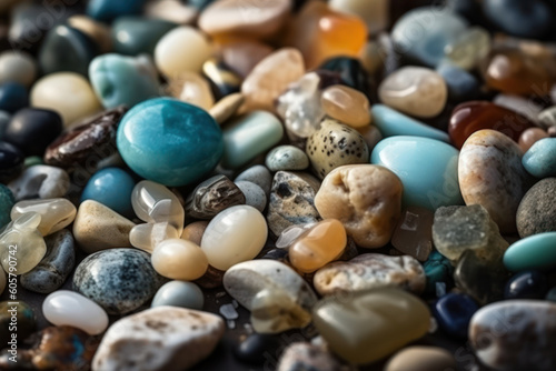 А pile of semi-precious, precious stones, close up. Background, texture. Natural material for interior design, jewelry craftsmanship.