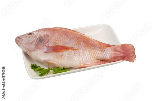 Red Tilapia Fish (Tubtim) in white plate isolated on white background with clipping path