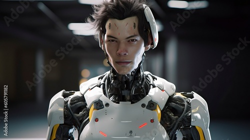 A cyborg humanoid robot in a futuristic setting, Generative AI