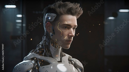 A cyborg humanoid robot in a futuristic setting, Generative AI