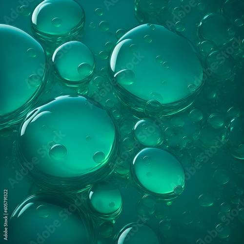 Colored molecules and atoms of transparent water bubbles in a cosmetic product for facial skin care, micellar water, rejuvenation, moisturizing, hyaluronic acid, niacinamide, created with generative A