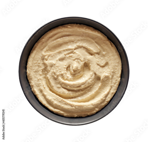 Hummus in grey bowl, isolated on transparent background .