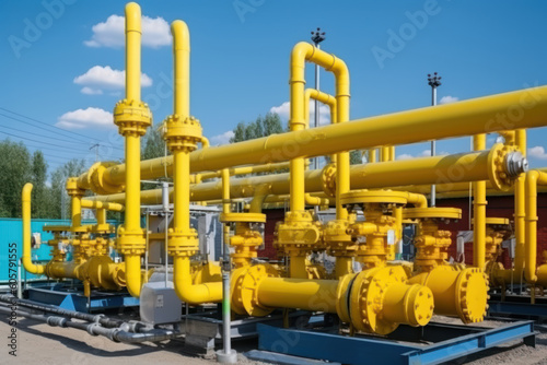 Oil and gas processing plant with pipe line valves. Pipelines in a gas compression station