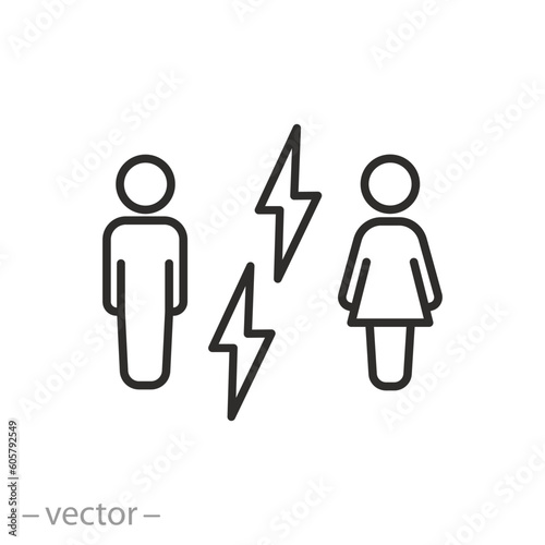 difficulties relationship woman with man, conflict icon, quarrel husband and wife, thin line symbol - editable stroke vector illustration