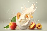 Peach and mango into milk, yoghurt, sour cream, Splash. Fresh fruit yogurt splash with ripe Peach. Healthy breakfast meal label design or advertising element with yogurt, cream, milk and mango 