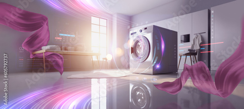 washing machine in a clean room with hud and flying clothes design as wide banner with copy space area - Generative AI