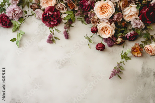 flower arrangement on the top side of the image over a beige textured background