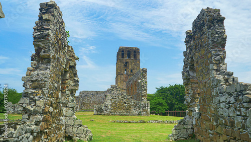 Well-preserved stone ruins of destroyed medieval cathedral in old Panama Viejo photo