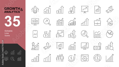 Growth and Analytics Editable Icons set. Vector illustration in modern thin line style of business icons: diagrams, graphs, financial profits, progress. Pictograms and infographics