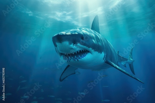 scary huge shark with open mouth underwater. Generative AI © Margo_Alexa