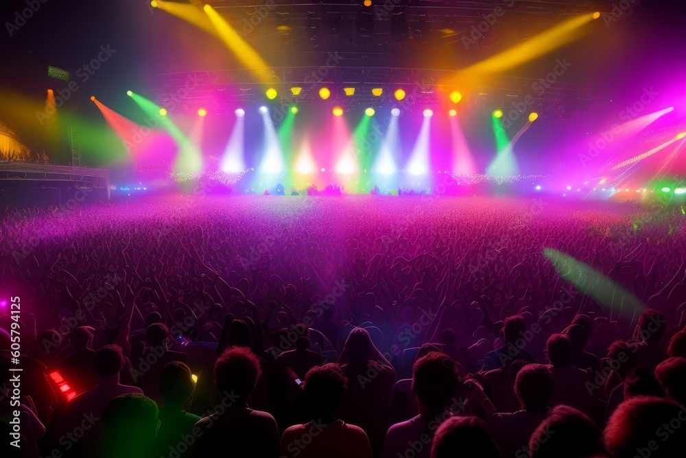 Light Show And Silhouette of audience crowd people use smart phones enjoying club party with concert. Blurry night club DJ party people enjoy of music dancing sound. Abstract Background. Generative AI