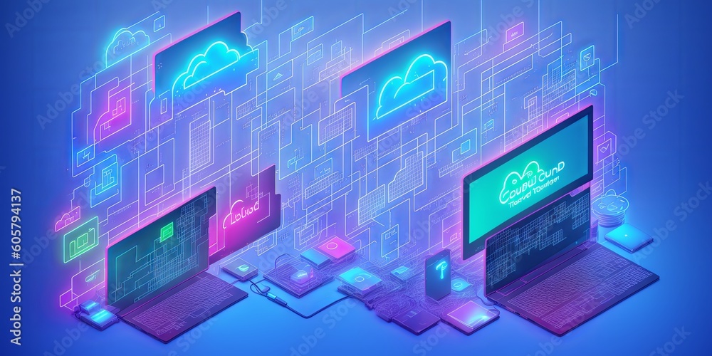 Cloud technology computing. Devices connected to digital storage data center via internet. IOT. Smart home. Communication laptop, tablet, phone and domestic devices with online database. Generative AI Cloud technology computing. Devices connected to digital storage data center via internet. IOT. Smart home. Communication laptop, tablet, phone and domestic devices with online database. Generative AI