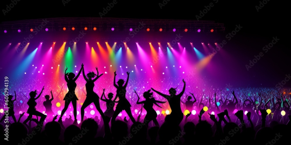 cheering crowd of unrecognized people at a rock music concert. crowd in front of bright stage lights. Concert audience at music concert. Smoke, concert spotlights. Generative AI