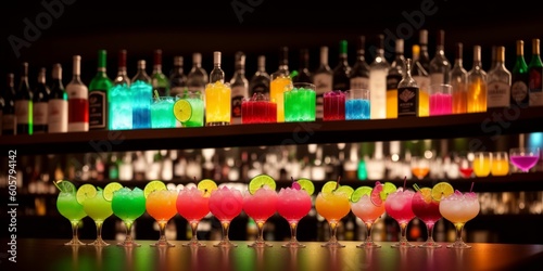 Several glasses of famous cocktail Martini, shot at a bar with dark toned foggy background and disco lights. Club drink concept. Selective focus. Generative AI